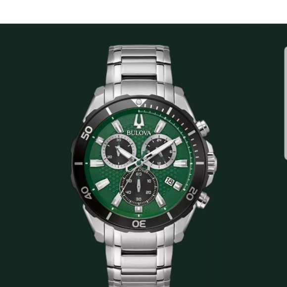 BULOVA MENS GREEN BEZEL MARINE STAR CHRONOGRAPH SILVER 45MM WATCH - Picture 2 of 6